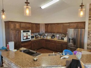 Full view of the large and spacious kitchen at the hunting lodge.